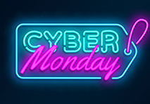 a neon tag with cyber monday written on it over a black background