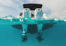 center console boat with two outboard engines