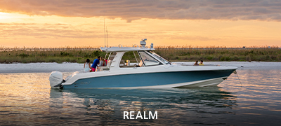 boston whaler realm with sunrise in the background