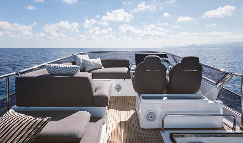 open flybridge of a yacht with lots of seating areas and a helm