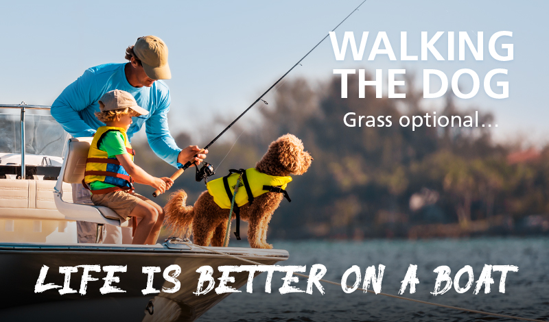 a man child and dog on a boat