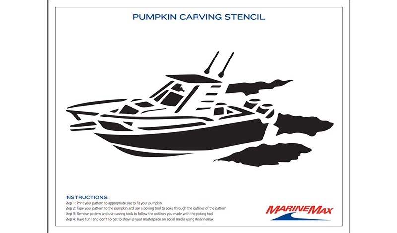 a pumpkin carving template in black and white with a boat on water