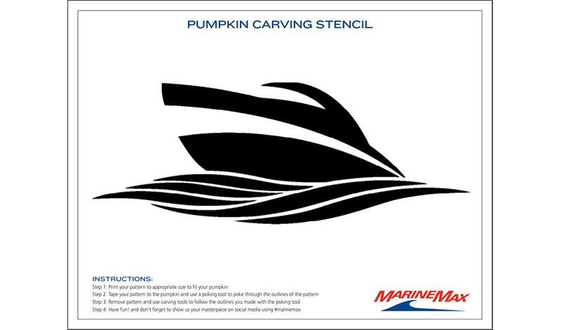 a pumpkin carving template in black and white with a boat on water