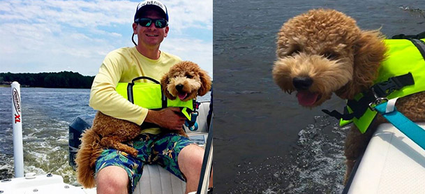 On left, a man holds a golden doodle in a green jacket while sitting on a boat. On right, a golden doodle leans over the side of a boat