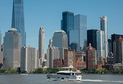Azimut yacht in front of the New York City skyline