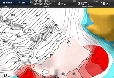 A topographical map of the sea floor, showing a boat moving across different colored elevation levels.