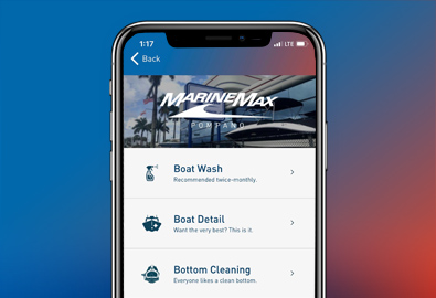 The MarineMax App menu shown on an iPhone screen