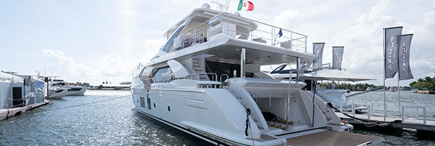an azimut yacht docked at the fort lauderdale international boat show on a sunny day