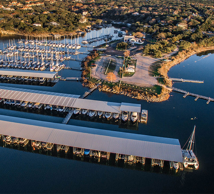Aerial view of Sail and Ski marina at Lake Travis