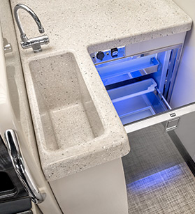 Kitchen area on a Harris pontoon boat