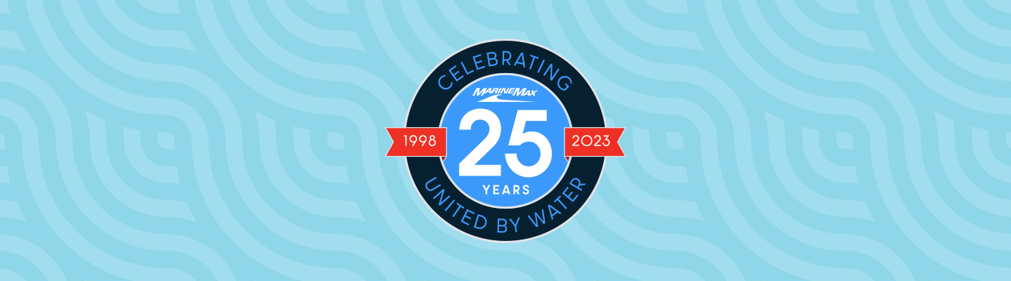 MarineMax 25th anniversary logo with blue background