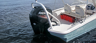 Back half of the new 2019 Boston Whaler 160 Super Sport showing engine