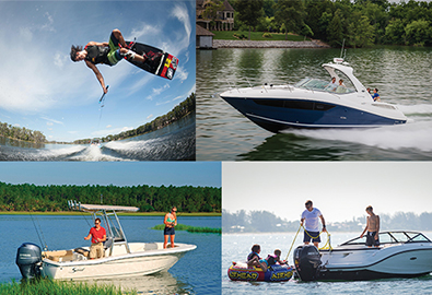 collage of boating lifestyles including a wakeboarder in the air, a boat running, two people fishing off a boat, and a family with inner tubes in the water behind a boat