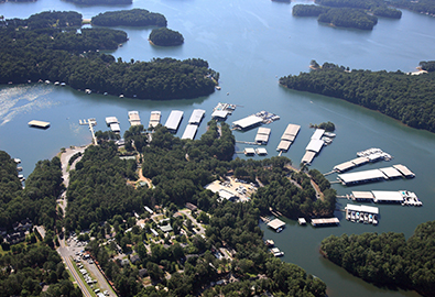 An aerial view of MarineMax Cumming, Georgia on Lake Lanier with boats docked