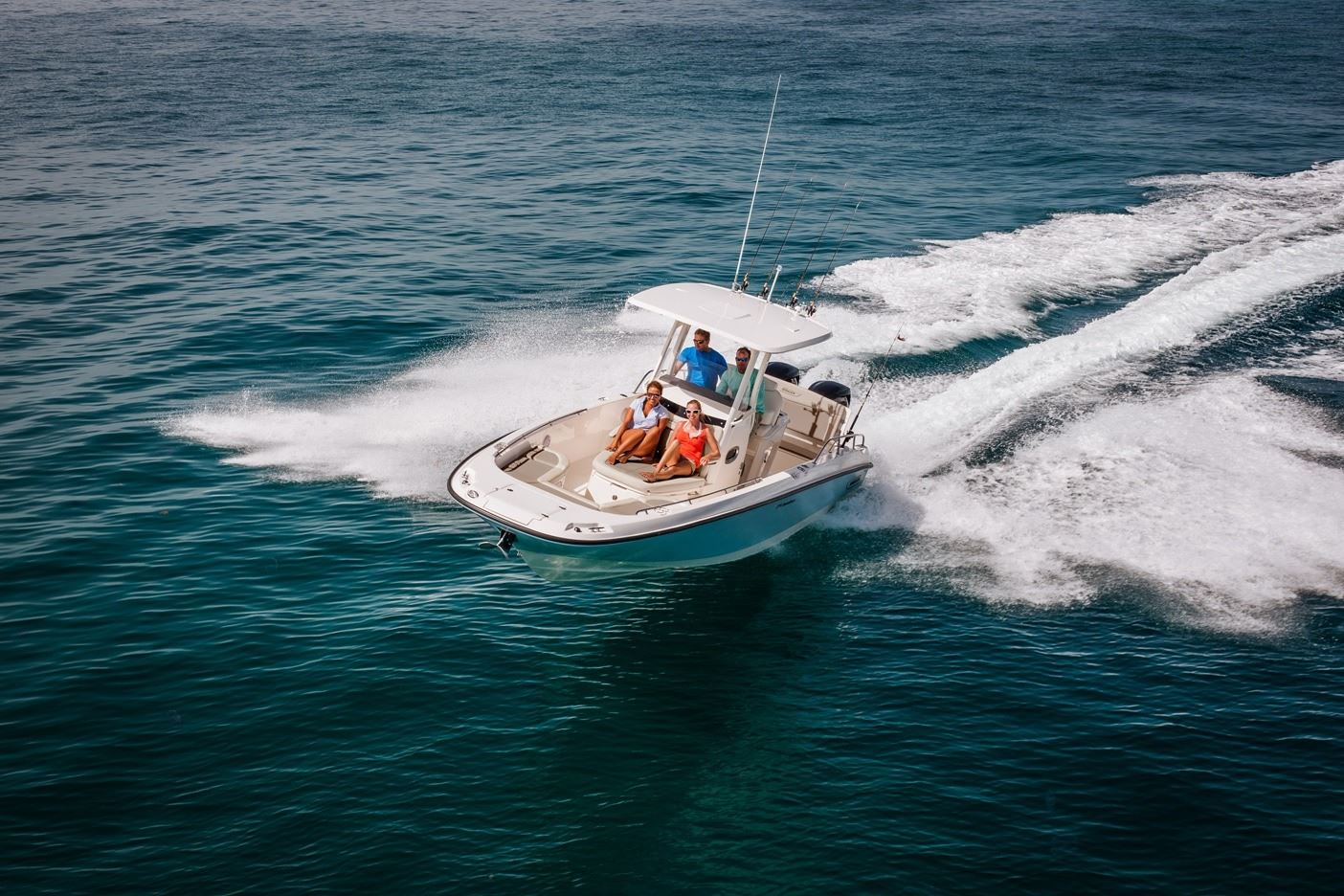 Center console boat out on the water cruising to fishing spot