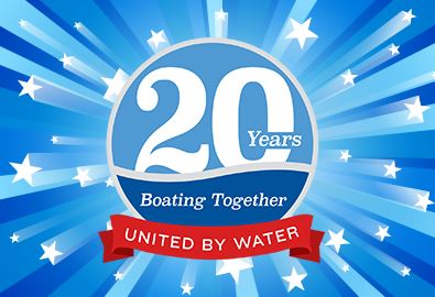 logo of maringmax   20 years boating together   united by water