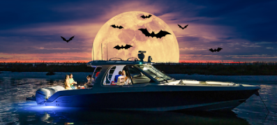 View of a boat out on the water during Halloween