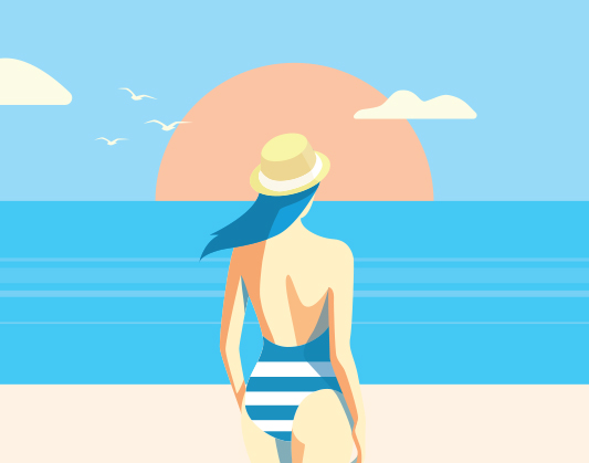 graphic of woman looking over ocean sun and clouds