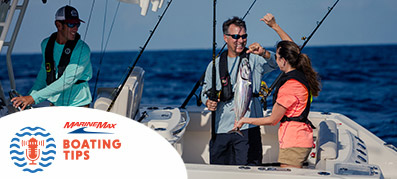 Three people fishing on a boat with boating tips logo 