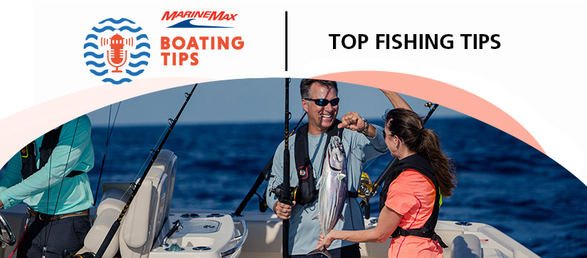 Three people fishing on a boat with boating tips logo 