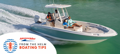 boat in the water with hardtop with boating tips logo