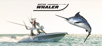 Boston Whaler Logo and boat with a marlin jumping out of water