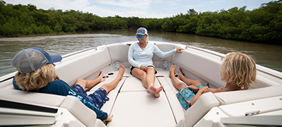 Three people sitting at front of boat