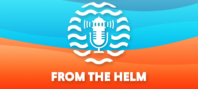 orange and blue background with from the helm logo and words
