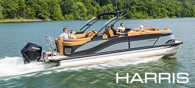 Boaters on a Harris pontoon fitted with a Mercury outboard engine