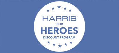 Harris for Heroes logo with blue and white lettering