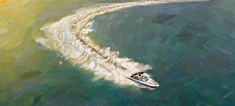 A motorboat speeds across vibrant turquoise waters, leaving a curving trail of white foam.