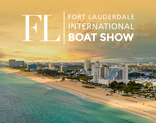 Sunset view of Fort Lauderdale beach with city skyline and ocean. The text reads "Fort Lauderdale International Boat Show" in white.
