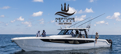 Aquila 47 Molokai in the water with Neptune Awards logo