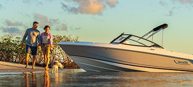 Boston Whaler Boat at the beach with a couple walking their dog 