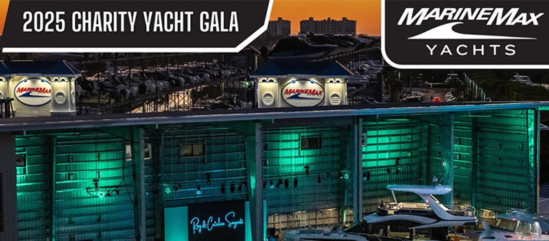 A vibrant advertisement for the 2025 Charity Yacht Gala hosted by MarineMax Yachts.
