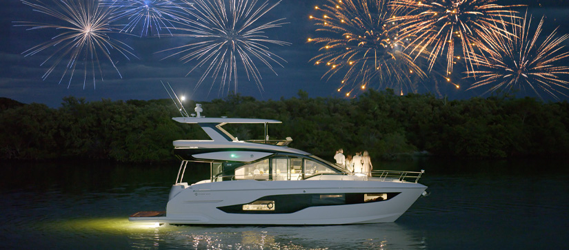 A boat on the water under fireworks
