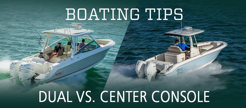 A Dual Console boat on the left and a Center Console boat on the right race across the water.