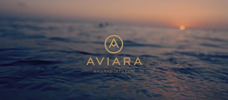Aviara logo over water with the sun setting in the background