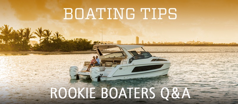 boat on the water with "boating tips rookie boaters q and a" wording