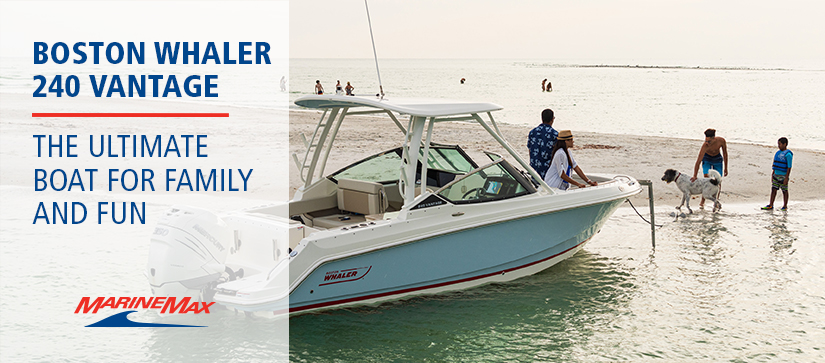 blue and white Boston Whaler Vantage anchored on a beach