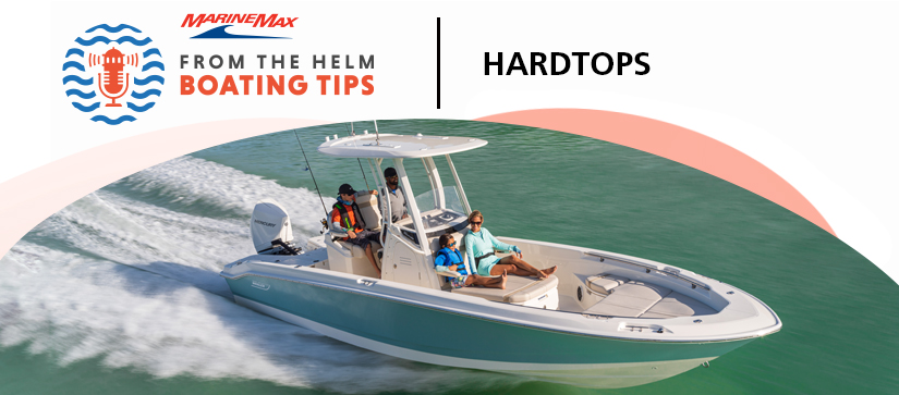 boat in the water with hardtop with boating tips logo