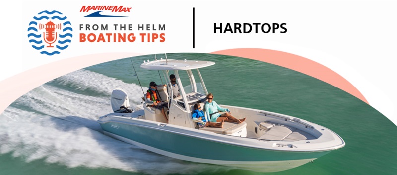 boat in the water with hardtop with boating tips logo