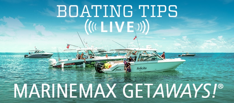 A group of boats gathered in the water for a MarineMax Getaway