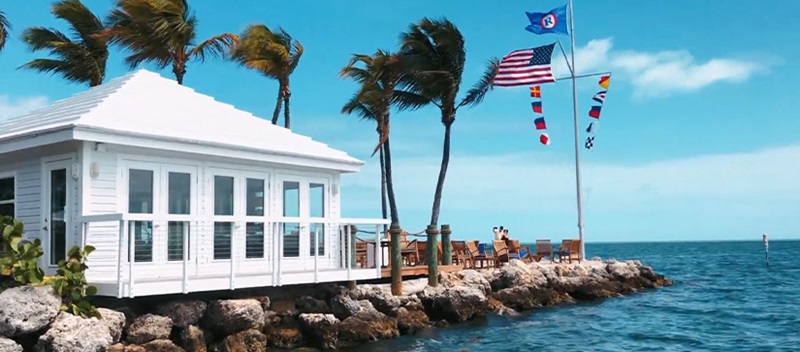 A building and palm trees by the water with an American flag waving