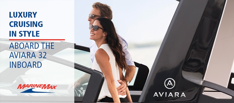 Man and woman at the helm of the Aviara 32 Inboard