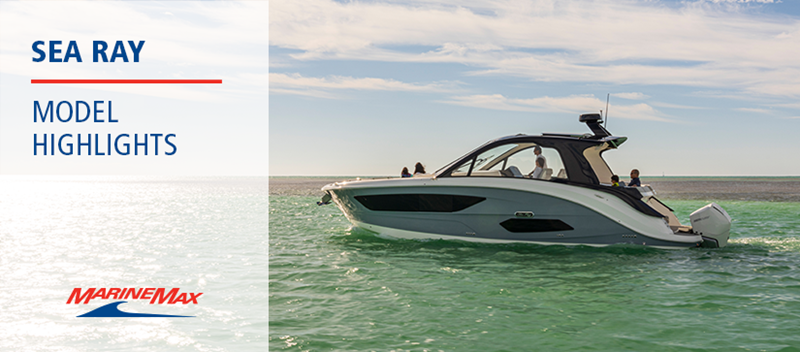 Sea Ray model in the water with video title and MarineMax logo