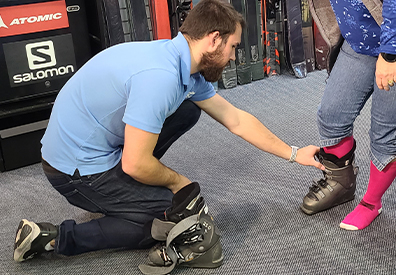 A trained professional ski shop technician uses sophisticated techniques to provide the best fit for your ski boots