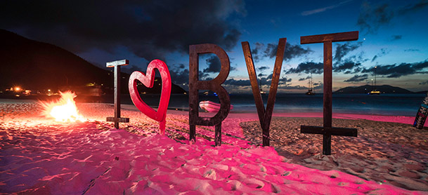Large wooden letters on a beach that read 'I love BVI'