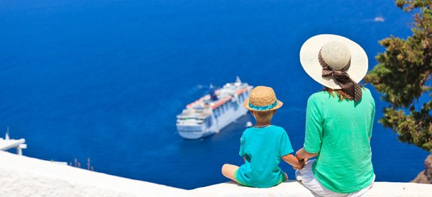 Woman and child overlooking the waters of Greece