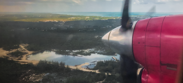 View of an airplane engine on a charter flight to Bahamas